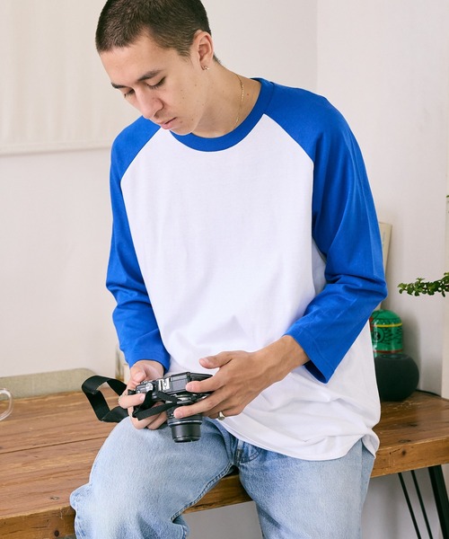 Printstar(プリントスター)の「▲5.6oz 3/4 Sleeve Round Neck Cut Sew 7分丈Tシャツ ユニセックス クルーネック ラグランスリーブ 長袖 ロンT(Tシャツ/カットソー・メンズ・ホワイト×ブルー・S/L)」の6枚目の写真