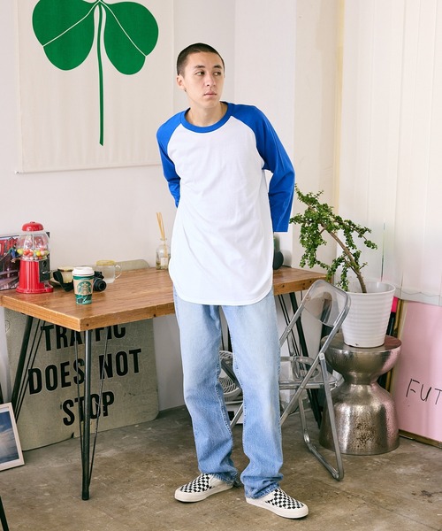 Printstar(プリントスター)の「▲5.6oz 3/4 Sleeve Round Neck Cut Sew 7分丈Tシャツ ユニセックス クルーネック ラグランスリーブ 長袖 ロンT(Tシャツ/カットソー・メンズ・ホワイト×ブルー・S/L)」の8枚目の写真