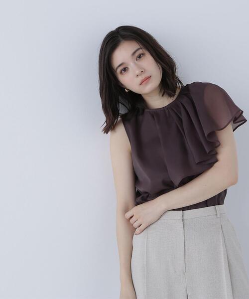 NATURAL BEAUTY BASIC(ナチュラルビューティーベーシック)の「◇アシメフリルシアーブラウス(シャツ/ブラウス・レディース・オフホワイト/ダークブラウン/ピンク・FREE)」の3枚目の写真