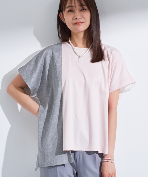 tシャツ 「洗える／汗ジミ防止」バイカラー＆アシメヘム Tシャツ レディース セール】【洗える／汗ジミ防止】バイカラー＆アシメヘム Tシャツ
