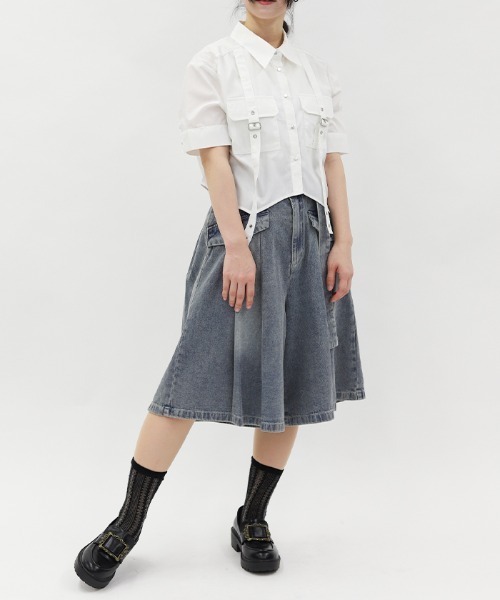 axes femme（アクシーズファム）の「ワイドハーフパンツ（デニムパンツ・レディース・ケミカルウォッシュ/グレー/ブラック・FREE）」の4枚目の写真