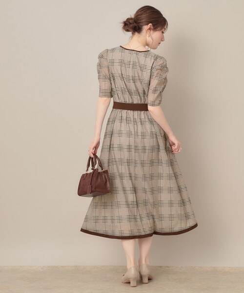 新品⭐︎クチュールブローチ⭐︎シアーチェックオーガンワンピース⭐︎完売品⭐︎秋⭐︎今季 美シルエット・5分袖】シアーチェックオーガンワンピース（ワンピース