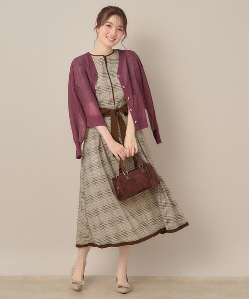 美シルエット・5分袖】シアーチェックオーガンワンピース（ワンピース