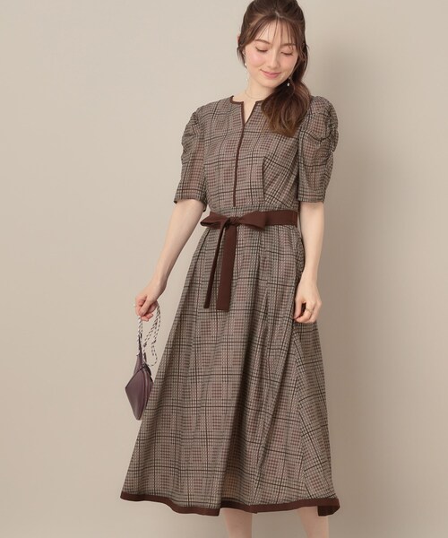 美シルエット・5分袖】シアーチェックオーガンワンピース（ワンピース