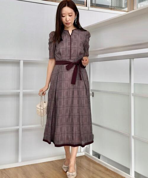 新品⭐︎クチュールブローチ⭐︎シアーチェックオーガンワンピース⭐︎完売品⭐︎秋⭐︎今季 セール】【美シルエット・5分袖】シアーチェックオーガンワンピース