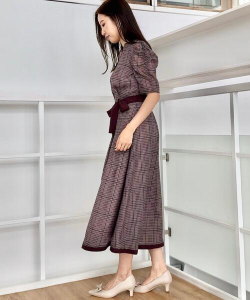 セール】【美シルエット・5分袖】シアーチェックオーガンワンピース
