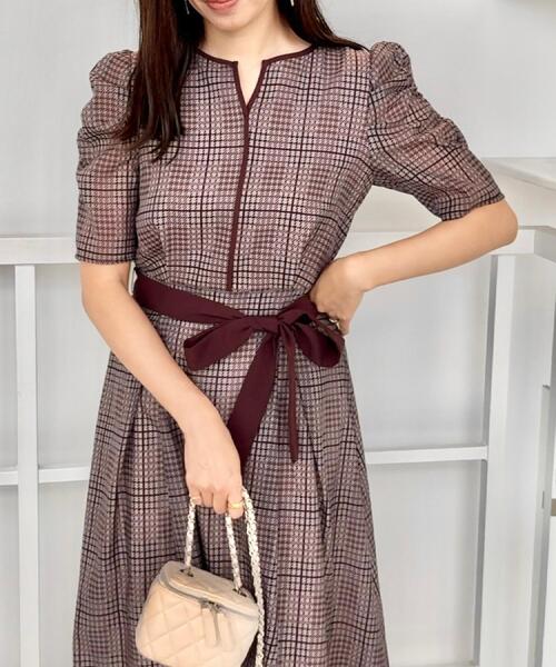 美シルエット・5分袖】シアーチェックオーガンワンピース（ワンピース