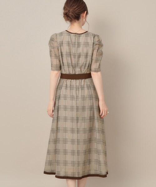 美シルエット・5分袖】シアーチェックオーガンワンピース