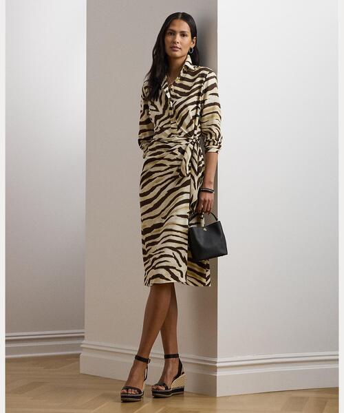 【RALPH LAUREN】ゼブラ柄 タイフロント 長袖 シャツワンピース ゼブラプリント タイフロント クレープ シャツドレス（シャツ
