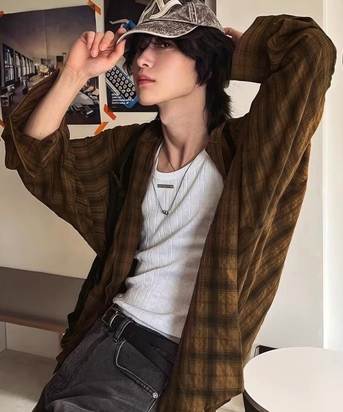 VIBGYOR(ヴィブジョー)の「オーバーサイズ チェックフーディーシャツ/ユニセックス(CZ)(シャツ/ブラウス・レディース・ブラウン/グレー/ブルー・MEDIUM/LARGE)」の8枚目の写真