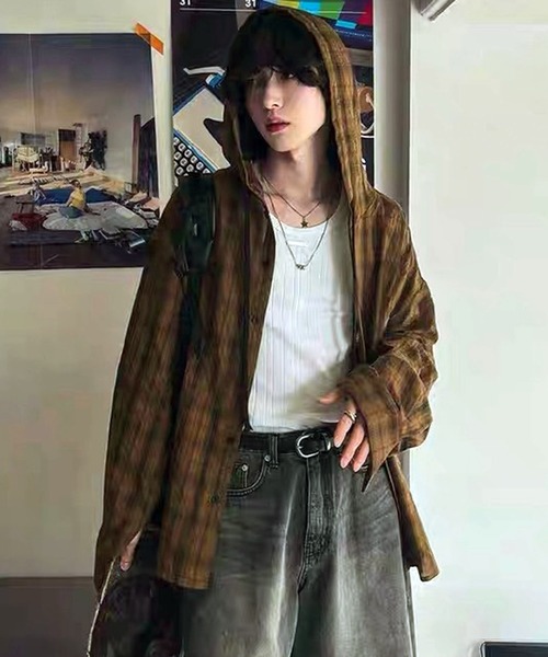 VIBGYOR(ヴィブジョー)の「オーバーサイズ チェックフーディーシャツ/ユニセックス(CZ)(シャツ/ブラウス・レディース・ブラウン/グレー/ブルー・MEDIUM/LARGE)」の10枚目の写真