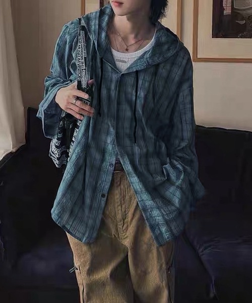 VIBGYOR(ヴィブジョー)の「オーバーサイズ チェックフーディーシャツ/ユニセックス(CZ)(シャツ/ブラウス・レディース・ブラウン/グレー/ブルー・MEDIUM/LARGE)」の13枚目の写真