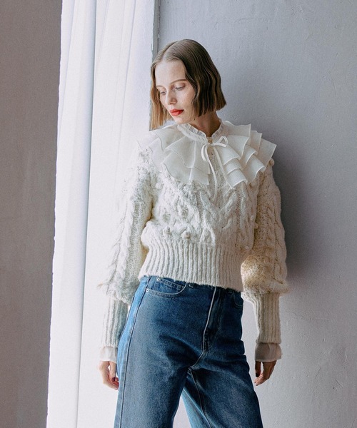 mysty woman（ミスティウーマン）の「ボートネックケーブルニット 583461（ニット/セーター・レディース・アイボリー/ブラウン・FREE）」の7枚目の写真