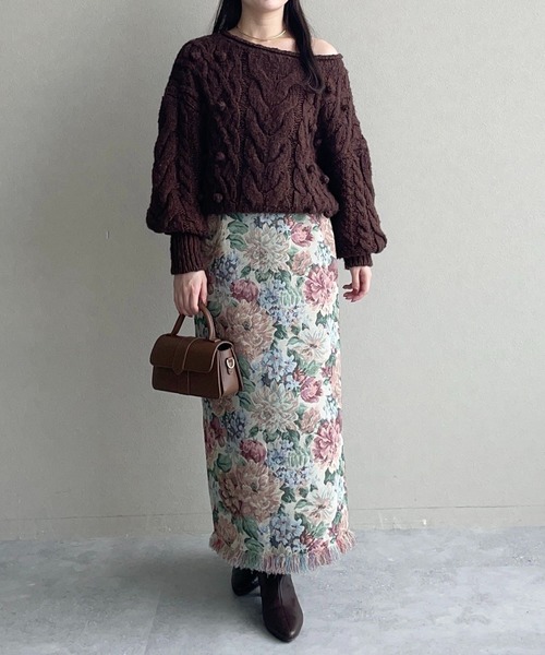 mysty woman（ミスティウーマン）の「ボートネックケーブルニット 583461（ニット/セーター・レディース・アイボリー/ブラウン・FREE）」の10枚目の写真