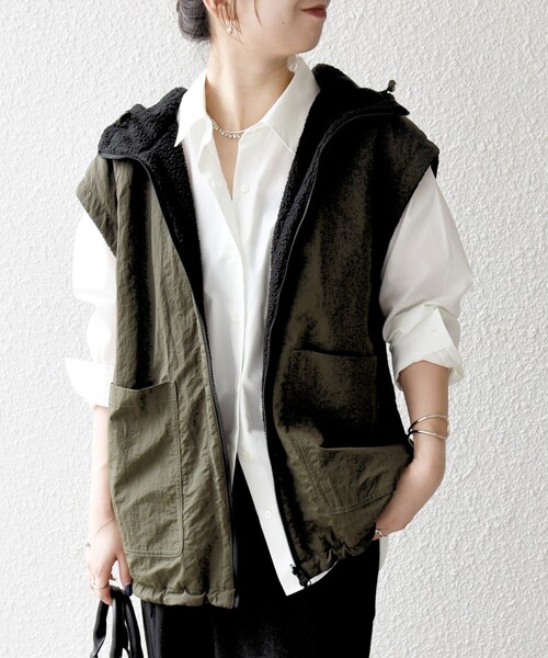 SHIPS any: ナイロン × ボア リバーシブル フーディー ベスト（ベスト