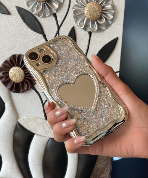 ハートミラー付き キラキラ シルバー / なみなみフレーム スマホカバー