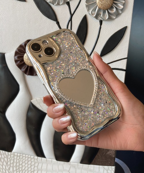 セール】ハートミラー付き キラキラ シルバー / なみなみフレーム