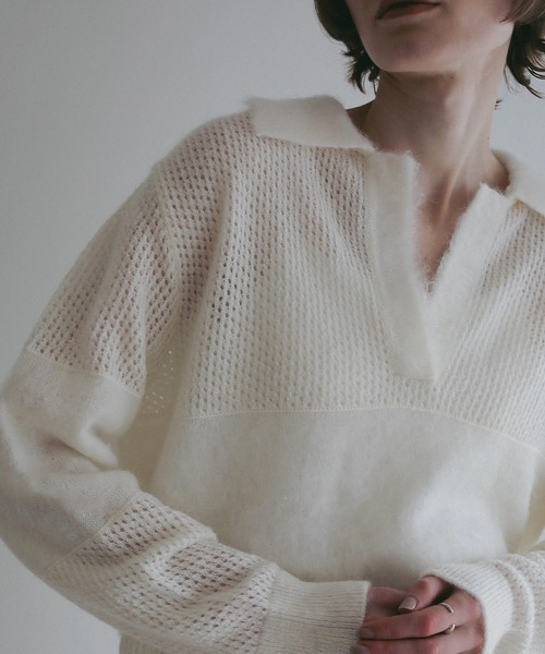 MANOF(マノフ)の「MOHAIR POLO KNIT(ニット/セーター・レディース・ライトブルー/ホワイト/チャコールグレー・F)」の2枚目の写真