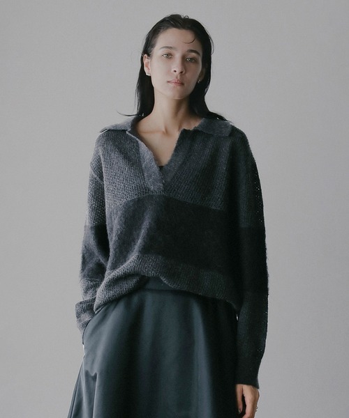 MANOF(マノフ)の「MOHAIR POLO KNIT(ニット/セーター・レディース・ライトブルー/ホワイト/チャコールグレー・F)」の3枚目の写真