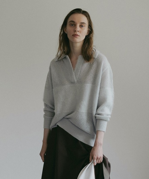 MANOF(マノフ)の「MOHAIR POLO KNIT(ニット/セーター・レディース・ライトブルー/ホワイト/チャコールグレー・F)」の1枚目の写真