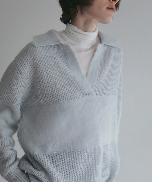 MANOF(マノフ)の「MOHAIR POLO KNIT(ニット/セーター・レディース・ライトブルー/ホワイト/チャコールグレー・F)」の14枚目の写真