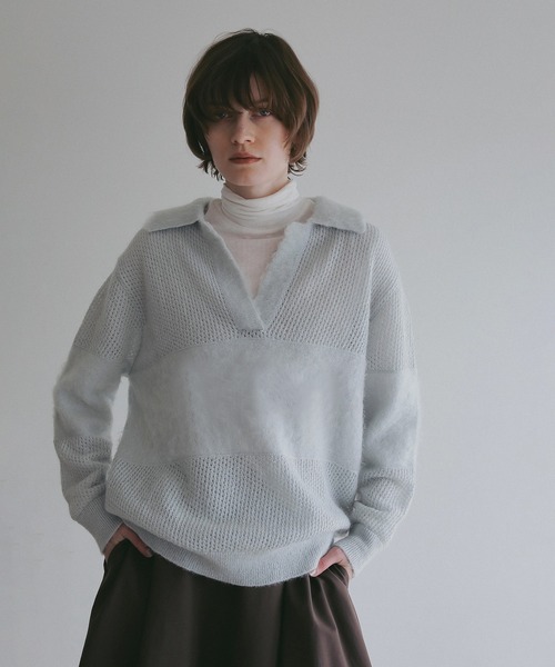MANOF(マノフ)の「MOHAIR POLO KNIT(ニット/セーター・レディース・ライトブルー/ホワイト/チャコールグレー・F)」の10枚目の写真