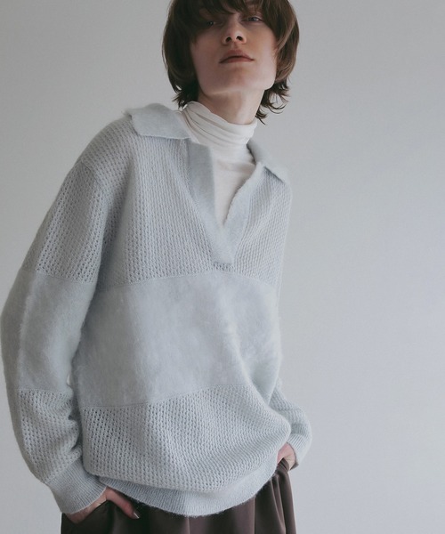 MANOF(マノフ)の「MOHAIR POLO KNIT(ニット/セーター・レディース・ライトブルー/ホワイト/チャコールグレー・F)」の6枚目の写真
