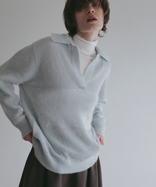 MANOF(マノフ)の「MOHAIR POLO KNIT(ニット/セーター・レディース・ライトブルー/ホワイト/チャコールグレー・F)」の8枚目の写真