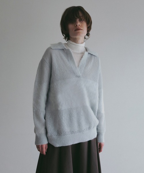 MANOF(マノフ)の「MOHAIR POLO KNIT(ニット/セーター・レディース・ライトブルー/ホワイト/チャコールグレー・F)」の12枚目の写真
