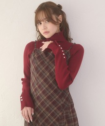 gold button hige neck rib knit tops / ゴールドボタンハイネックリブニットトップス