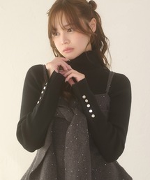 gold button hige neck rib knit tops / ゴールドボタンハイネックリブニットトップス