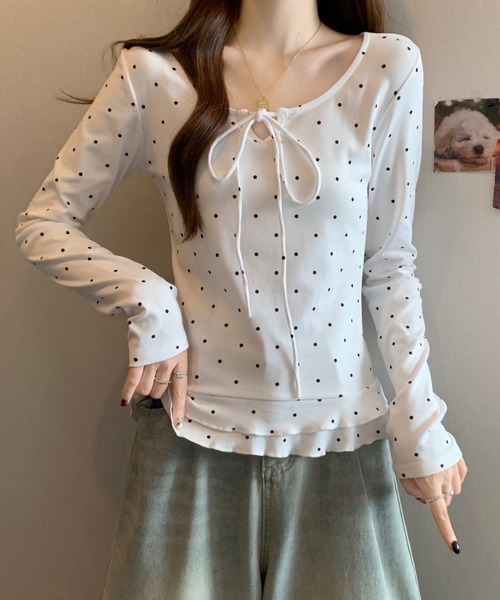 GEMEDA(ジェメダ)の「リボンタイドットトップス(Tシャツ/カットソー・レディース・グレー/オフホワイト・M)」の3枚目の写真
