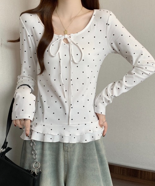 GEMEDA(ジェメダ)の「リボンタイドットトップス(Tシャツ/カットソー・レディース・グレー/オフホワイト・M)」の4枚目の写真