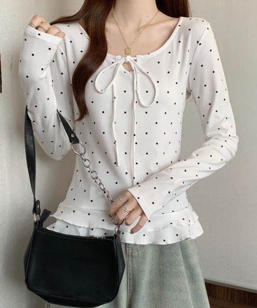 GEMEDA(ジェメダ)の「リボンタイドットトップス(Tシャツ/カットソー・レディース・グレー/オフホワイト・M)」の5枚目の写真