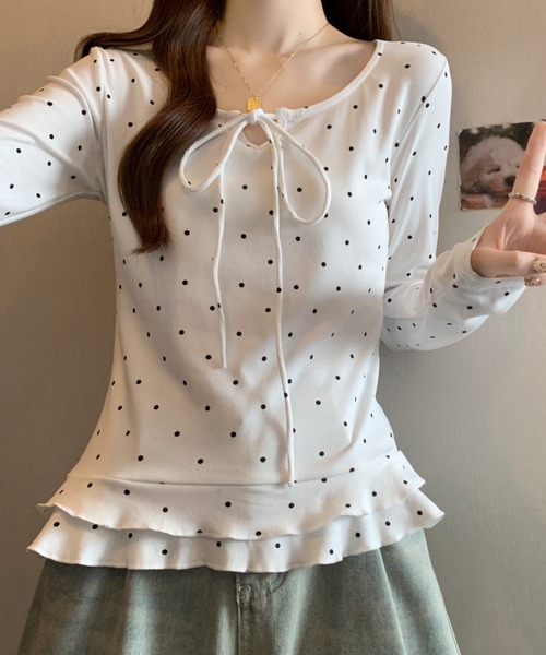 GEMEDA(ジェメダ)の「リボンタイドットトップス(Tシャツ/カットソー・レディース・グレー/オフホワイト・M)」の6枚目の写真