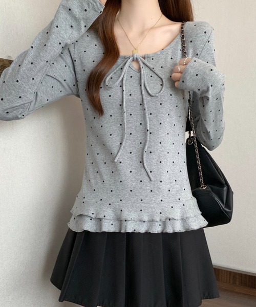 GEMEDA(ジェメダ)の「リボンタイドットトップス(Tシャツ/カットソー・レディース・グレー/オフホワイト・M)」の11枚目の写真
