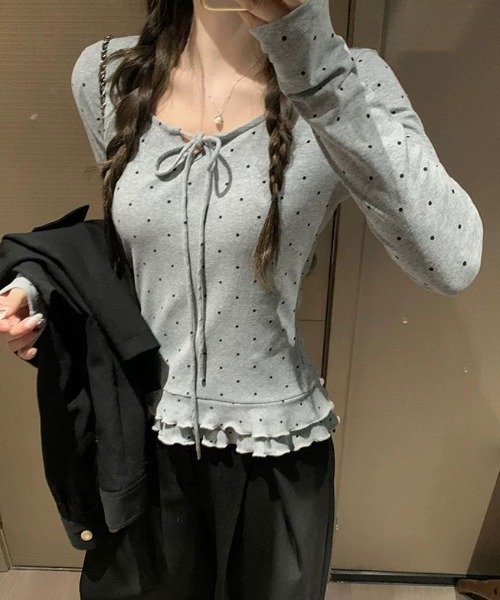 GEMEDA(ジェメダ)の「リボンタイドットトップス(Tシャツ/カットソー・レディース・グレー/オフホワイト・M)」の18枚目の写真