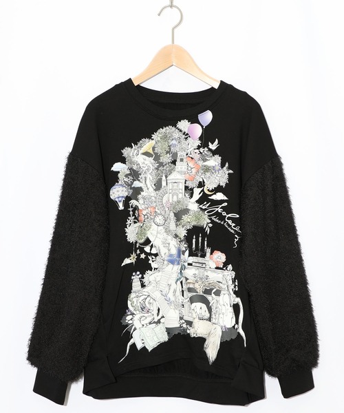 iS ScoLar（イズスカラー）の「553248：フリンジシフォン切替裏毛プルオーバー（Tシャツ/カットソー・レディース・アイボリー/ブラック/杢グレー・M）」の2枚目の写真