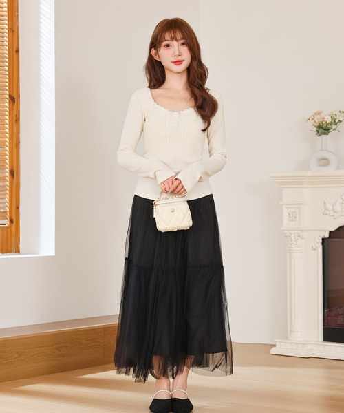 Anely（アネリー）の「ヘンリーネック レース リボン カット トップス（Tシャツ/カットソー・レディース・ブラック/アイボリー/グレー/ピンク・FREE）」の19枚目の写真