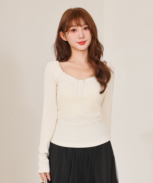 Anely（アネリー）の「ヘンリーネック レース リボン カット トップス（Tシャツ/カットソー・レディース・ブラック/アイボリー/グレー/ピンク・FREE）」の17枚目の写真