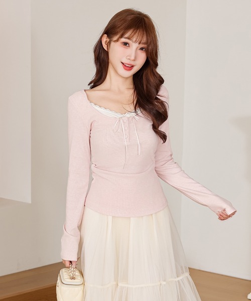 Anely（アネリー）の「ヘンリーネック レース リボン カット トップス（Tシャツ/カットソー・レディース・ブラック/アイボリー/グレー/ピンク・FREE）」の15枚目の写真