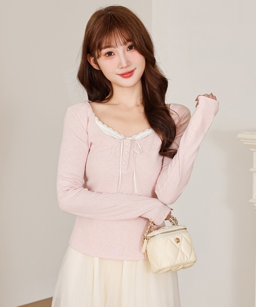 Anely（アネリー）の「ヘンリーネック レース リボン カット トップス（Tシャツ/カットソー・レディース・ブラック/アイボリー/グレー/ピンク・FREE）」の14枚目の写真
