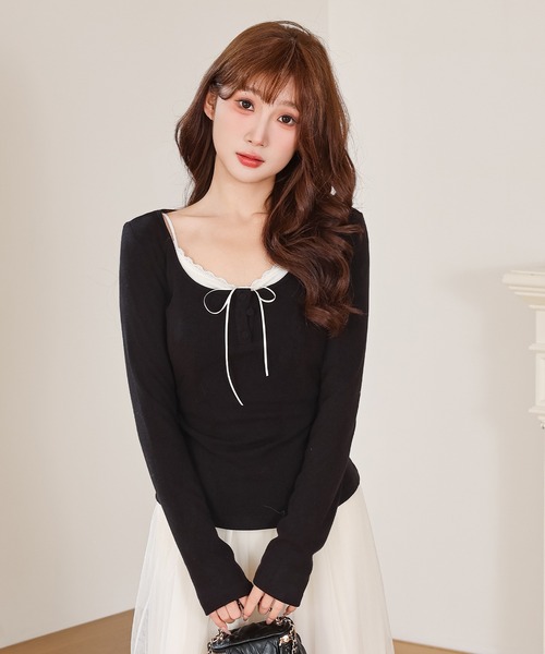 Anely（アネリー）の「ヘンリーネック レース リボン カット トップス（Tシャツ/カットソー・レディース・ブラック/アイボリー/グレー/ピンク・FREE）」の12枚目の写真