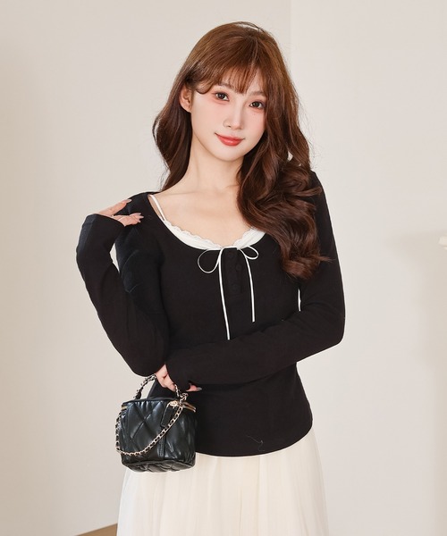 Anely（アネリー）の「ヘンリーネック レース リボン カット トップス（Tシャツ/カットソー・レディース・ブラック/アイボリー/グレー/ピンク・FREE）」の11枚目の写真