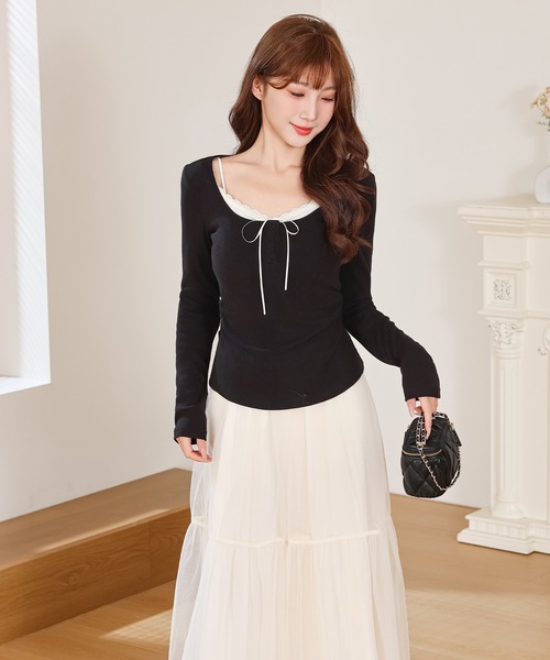 Anely（アネリー）の「ヘンリーネック レース リボン カット トップス（Tシャツ/カットソー・レディース・ブラック/アイボリー/グレー/ピンク・FREE）」の9枚目の写真