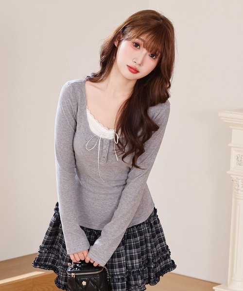 Anely（アネリー）の「ヘンリーネック レース リボン カット トップス（Tシャツ/カットソー・レディース・ブラック/アイボリー/グレー/ピンク・FREE）」の22枚目の写真
