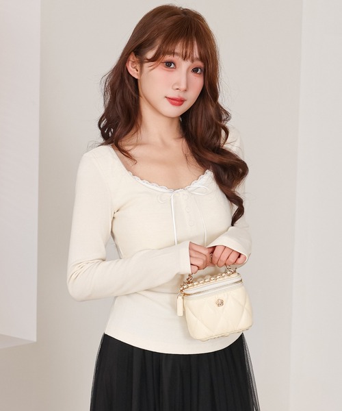Anely（アネリー）の「ヘンリーネック レース リボン カット トップス（Tシャツ/カットソー・レディース・ブラック/アイボリー/グレー/ピンク・FREE）」の16枚目の写真