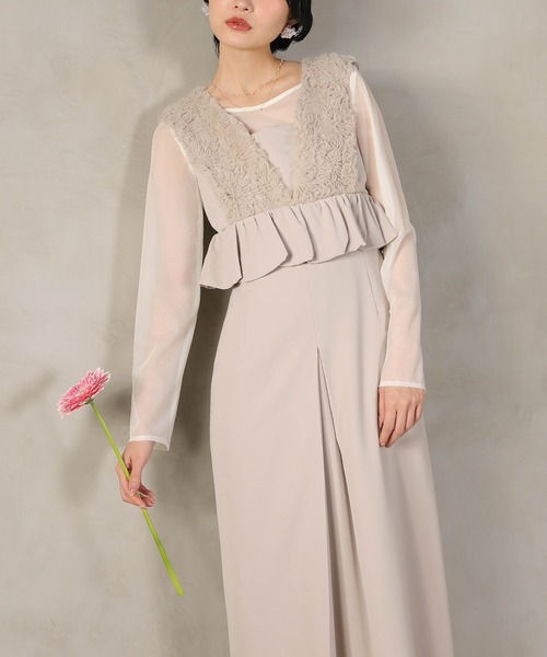 セール】チュールフリルペプラム Iラインワンピースドレス シアー