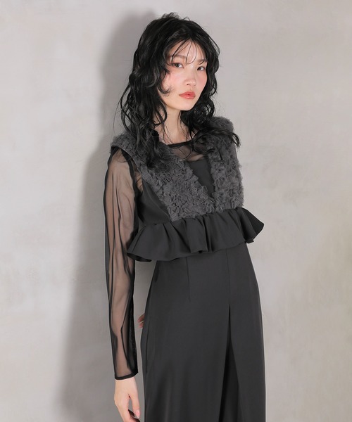 Kana(カナ)の「チュールフリルペプラム Iラインワンピースドレス シアートップス 2点セット パーティー ドレス 結婚式 お呼ばれ オケージョンドレス(ドレス・レディース・チャコールグレー/ブラック/グレイッシュベージュ・M)」の3枚目の写真