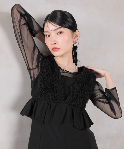 セール】チュールフリルペプラム Iラインワンピースドレス シアー